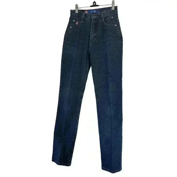 Posted Dark Blue Slim Straight Leg High Rise Jeans Sz 3/4 Waist 27 Wedge Pockets - Picture 2 of 11